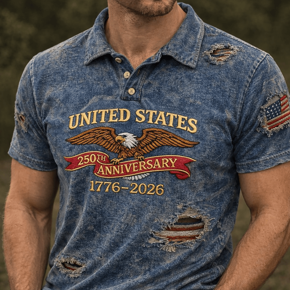 United States 250th Anniversary 1776-2026 Polo Shirt, Distressed Effect Patriotic USA Eagle Design, Vintage American Flag Gift