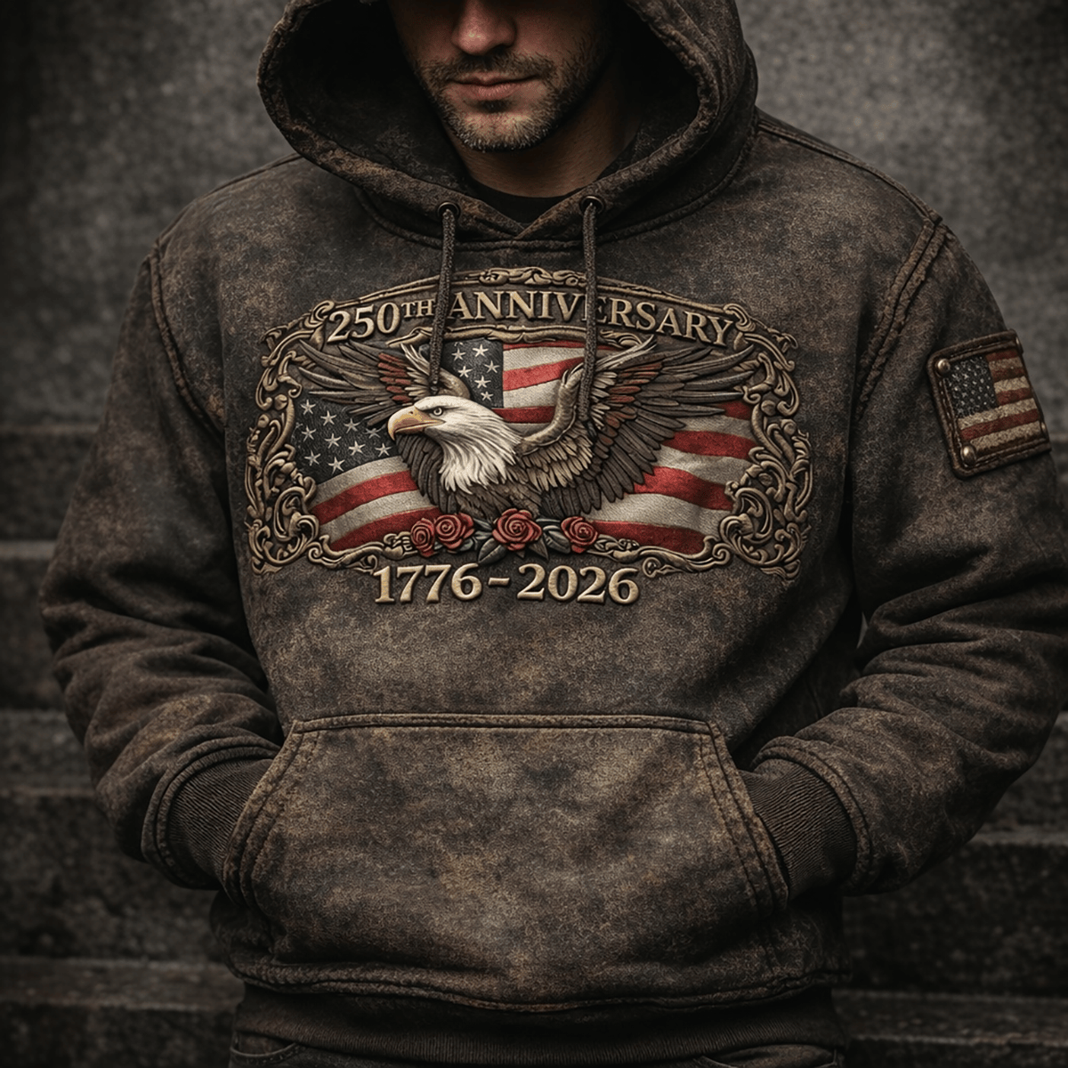 USA 250th Anniversary 1776–2026 Printed Hoodie, Patriotic Eagle American Flag Design, 4th of July Gift For Family