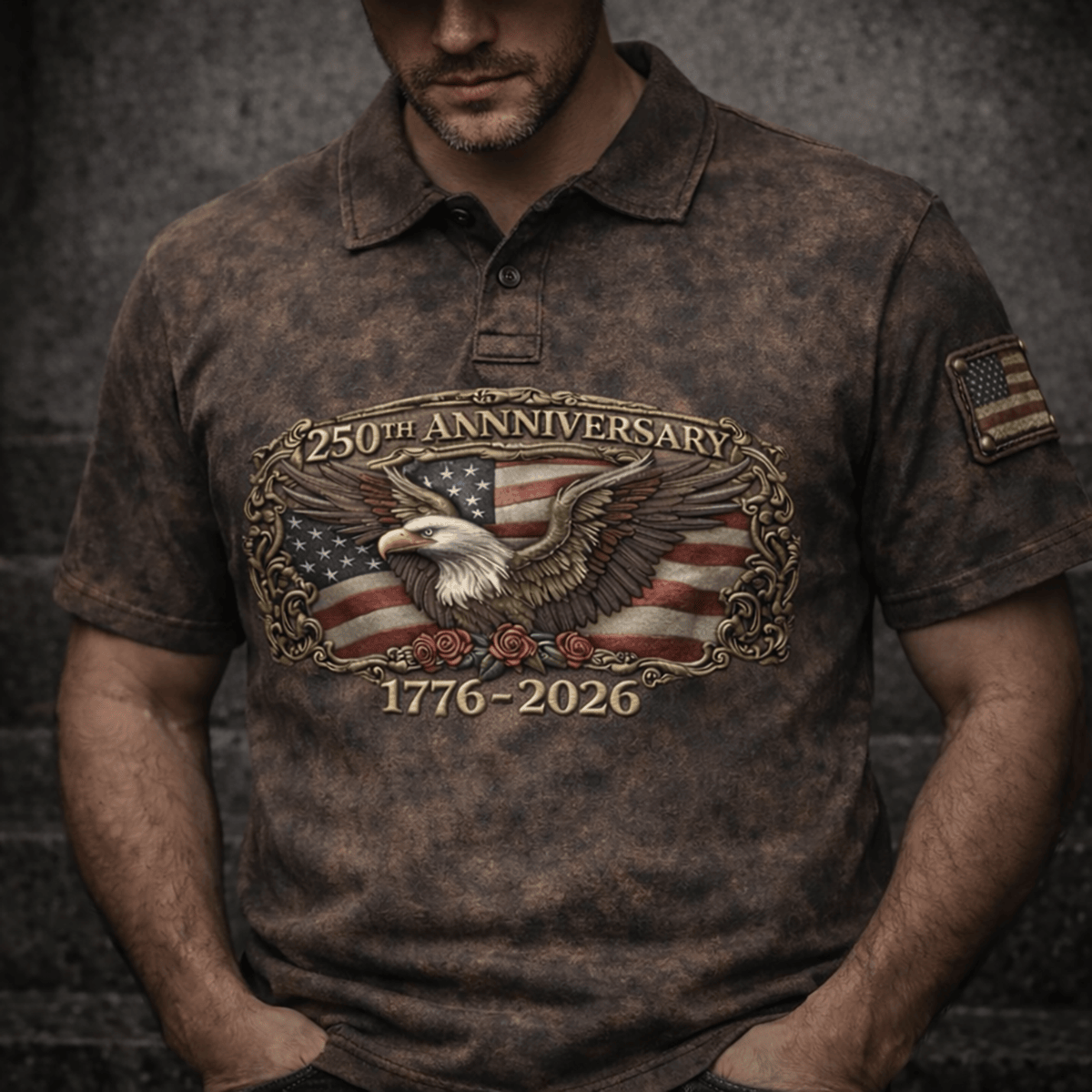 USA 250th Anniversary 1776–2026 Printed Polo Shirt, Patriotic Eagle USA Independence Day Shirt for Men