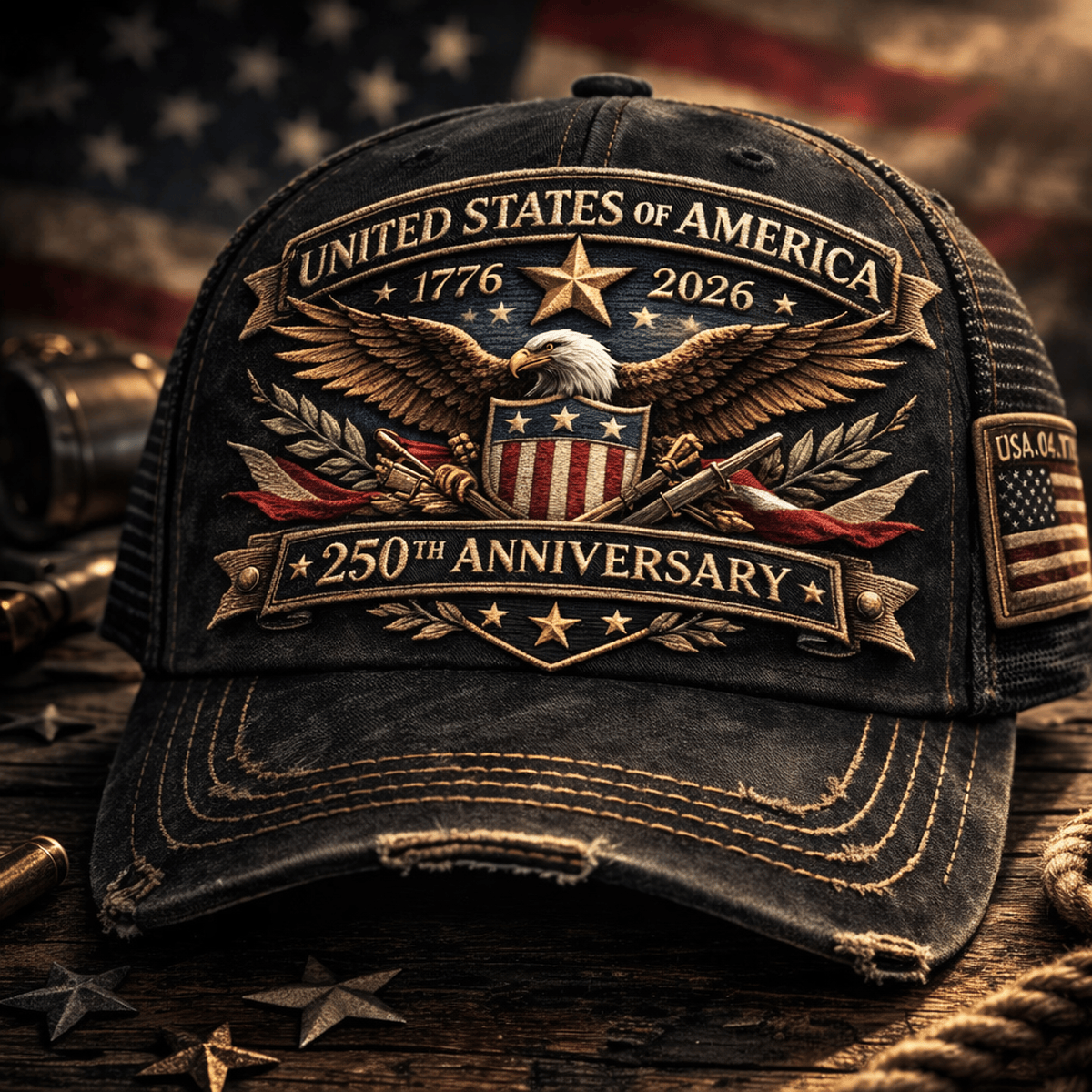 United States of America 250th Anniversary Printed Hat, 1776-2026 Patriotic Trucker Cap, July 4th Independence Day Gift, Vintage USA Eagle Hat