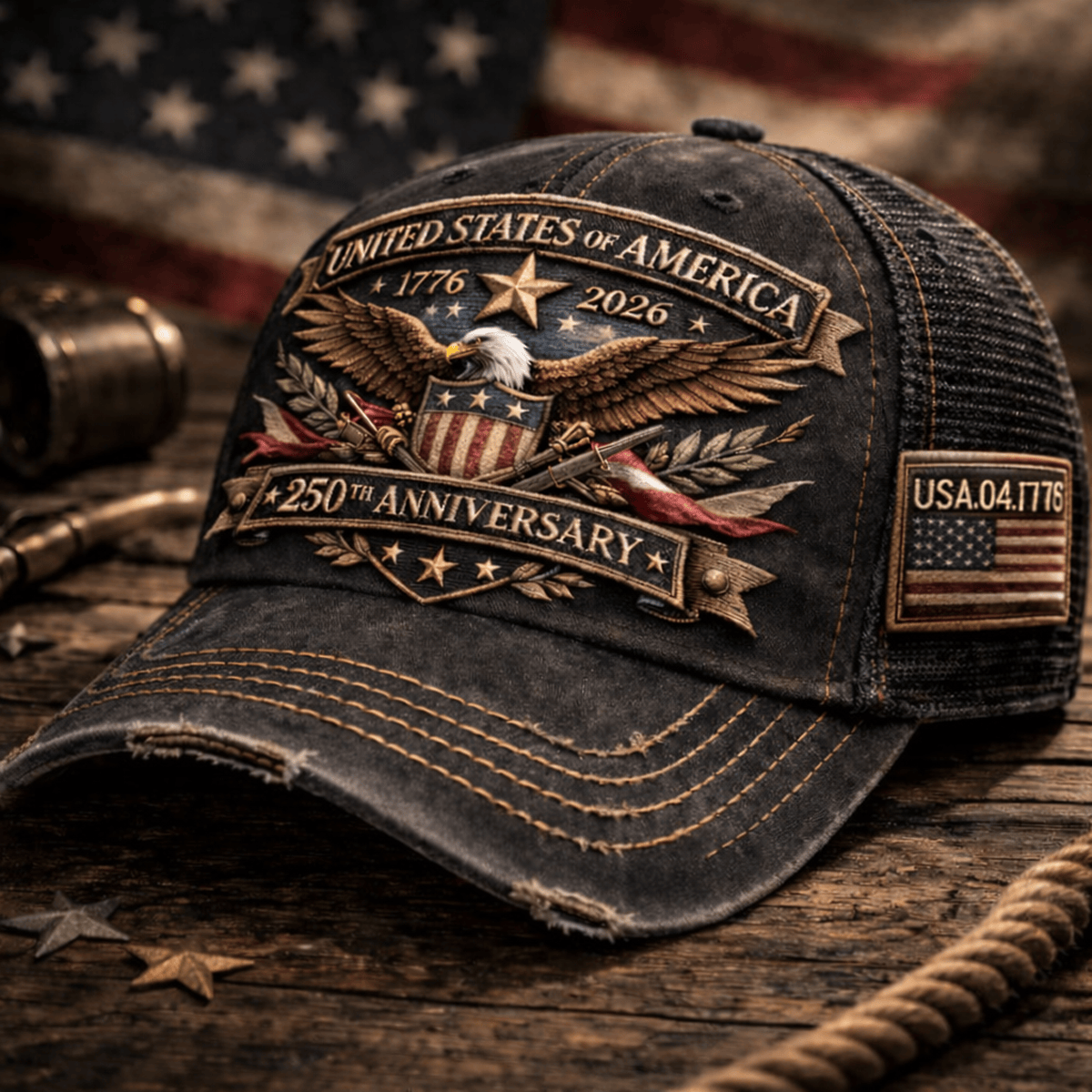 United States of America 250th Anniversary Printed Hat, 1776-2026 Patriotic Trucker Cap, July 4th Independence Day Gift, Vintage USA Eagle Hat