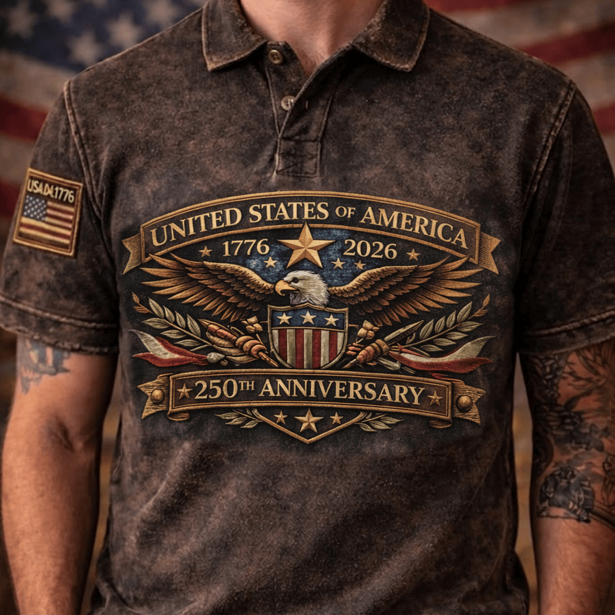 United States of America 250th Anniversary Printed Polo Shirt, 1776-2026 Patriotic Shirt for Men, July 4th Gift, Vintage USA Celebration Top