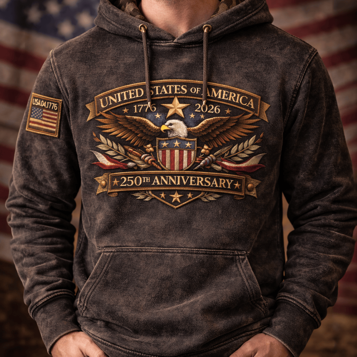 United States of America 250th Anniversary Printed Hoodie, 1776-2026 Patriotic Design, July 4th Independence Day Gift, Vintage USA Shirt