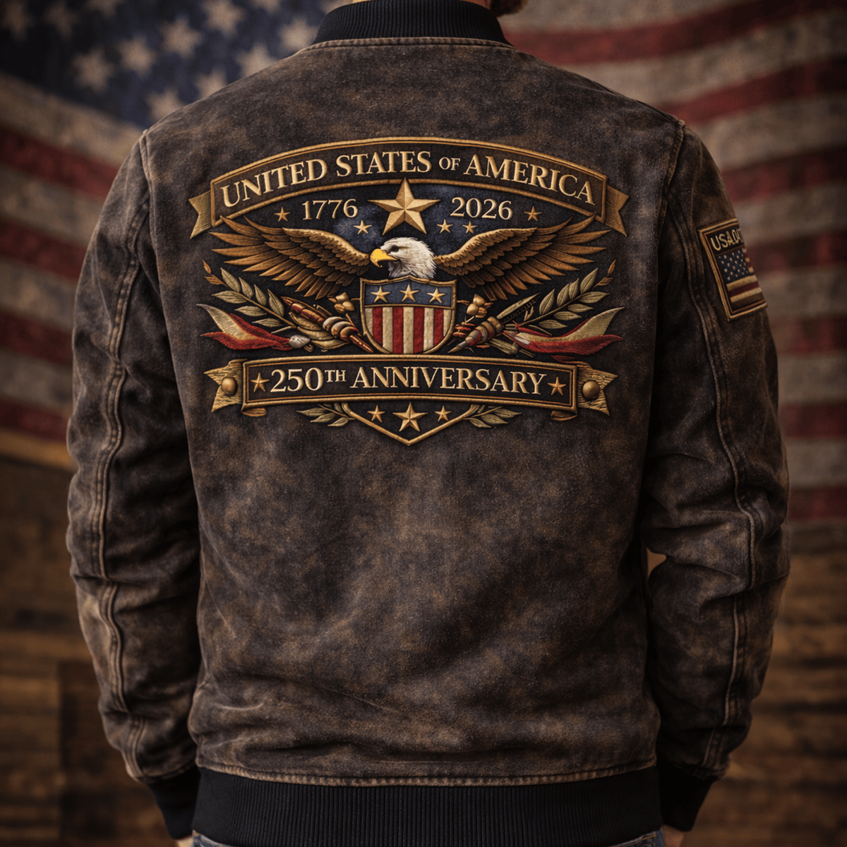 United States of America 250th Anniversary Printed Bomber Jacket, 1776-2026 Patriotic Outerwear, Vintage USA Eagle Coat, Independence Day Gift for Him
