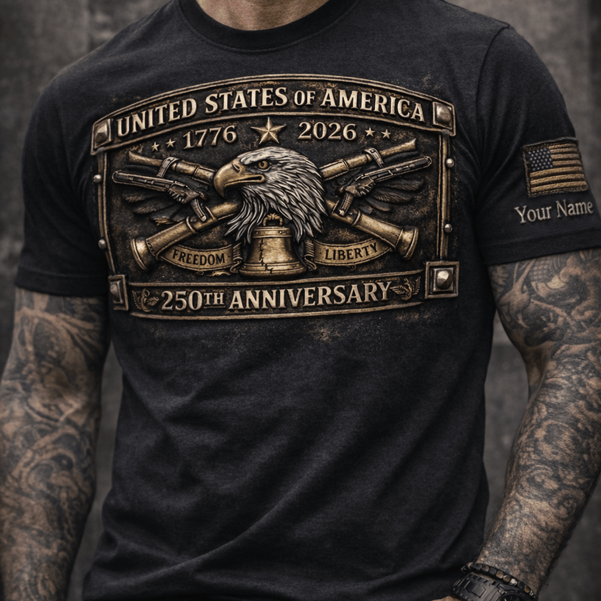 Custom Name United States of America 250th Anniversary 1776-2026 Printed T-Shirt, Patriotic Eagle Gun Shirt, American Freedom Liberty Tee, Veteran Gift