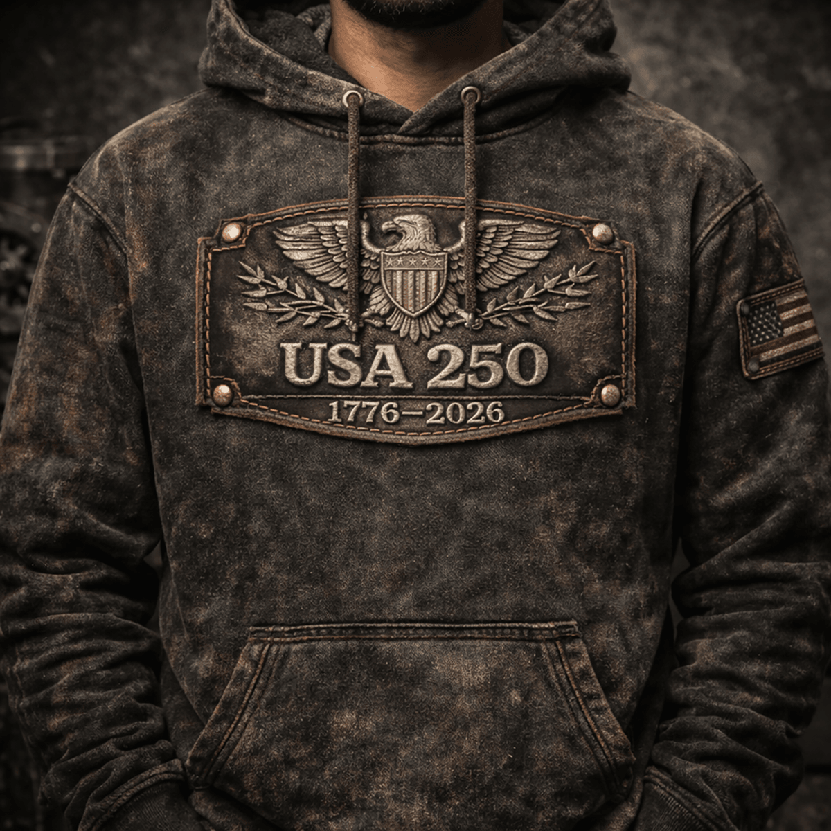 USA 250 1776-2026 Printed Hoodie, Patriotic American Eagle Graphic Apparel, USA 250th Anniversary Gift for Dad Father’s Day