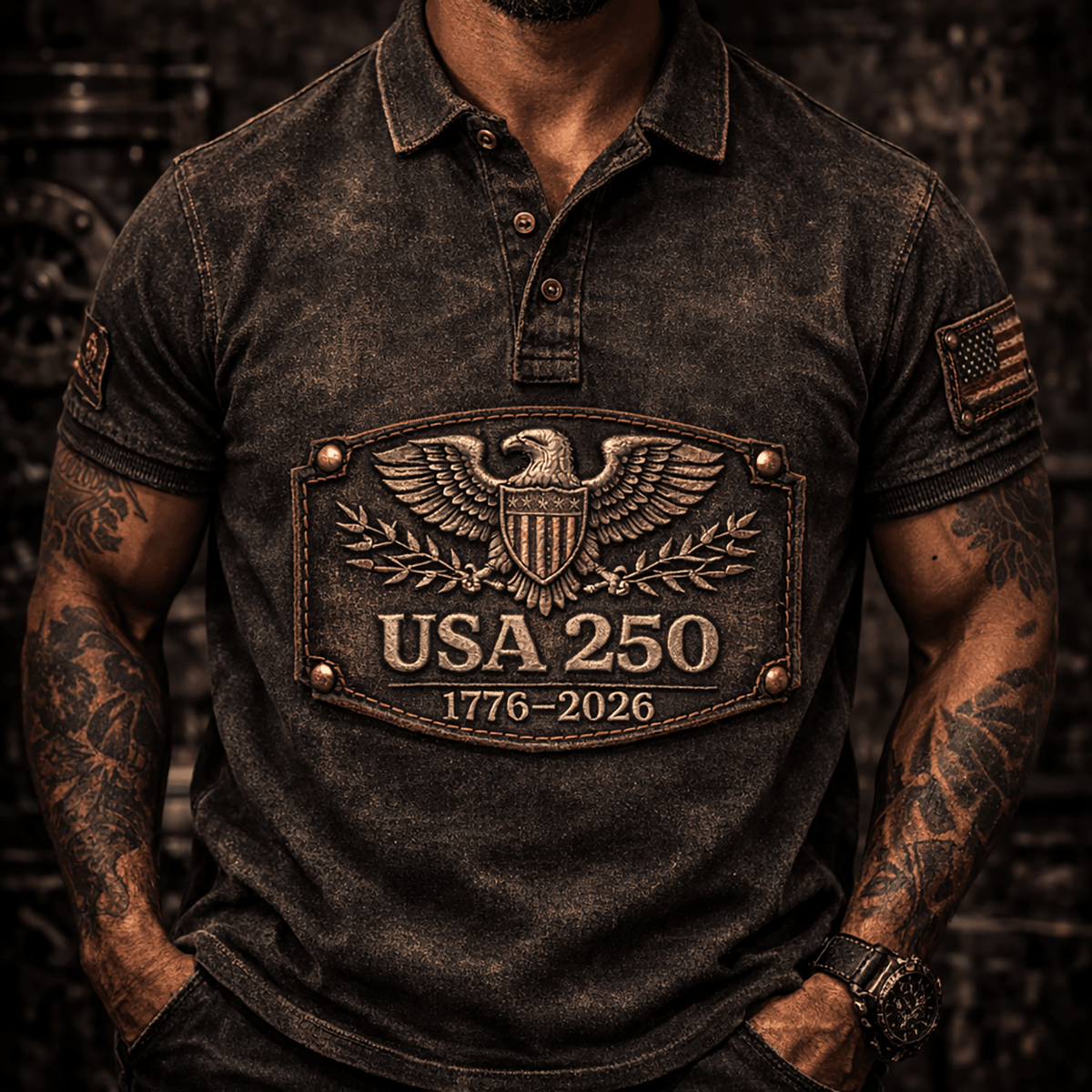 USA 250 1776-2026 Printed Polo Shirt, Patriotic American Eagle Graphic Apparel, USA 250th Anniversary Gift for Dad Father’s Day