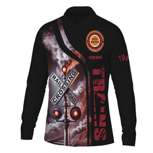 Railspirit Custom Name Chicago Great Western Railroad Long Sleeve Polo Shirt Railroad Crossing Sign Printed Shirt