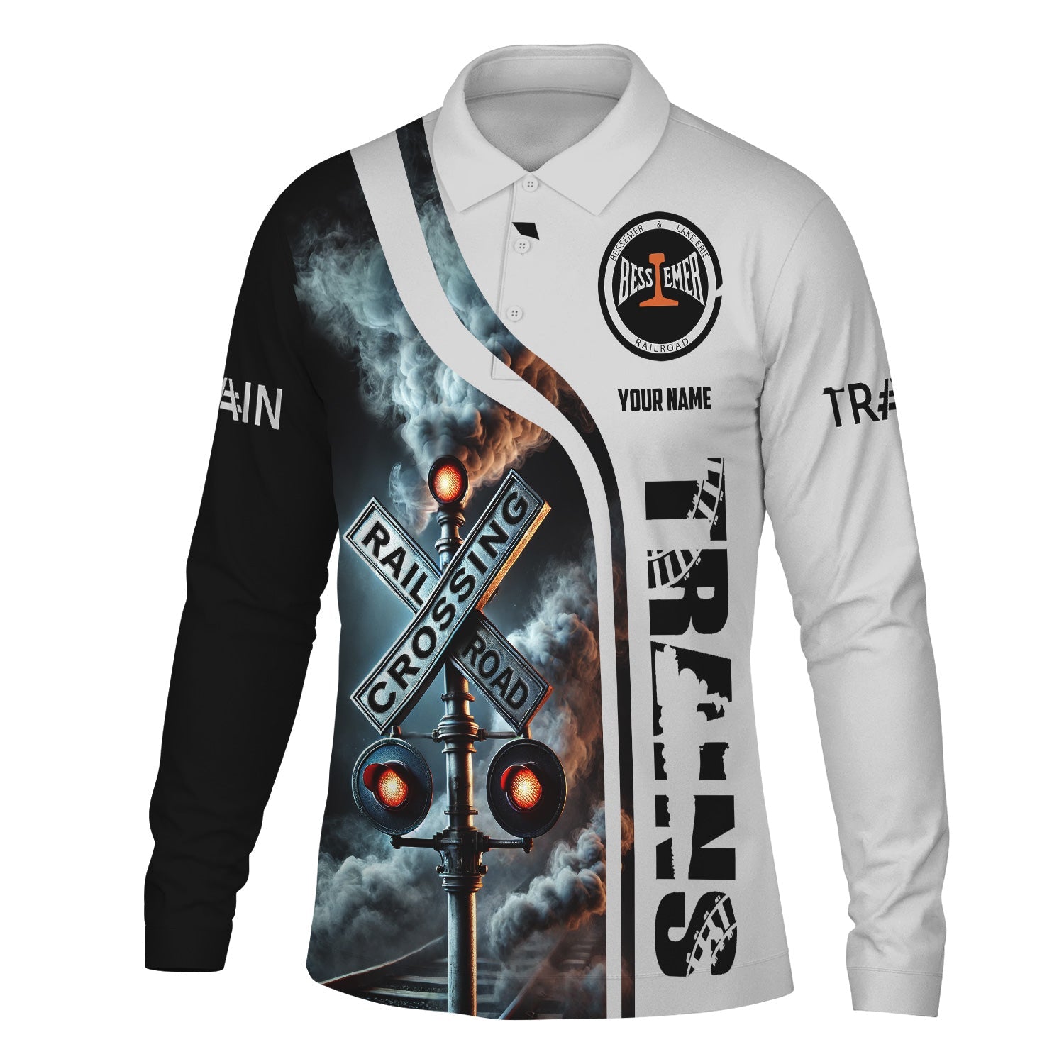 Railspirit Custom Name Bessemer And Lake Erie Railroad Long Sleeve Polo Shirt Railroad Crossing Sign Printed Shirt