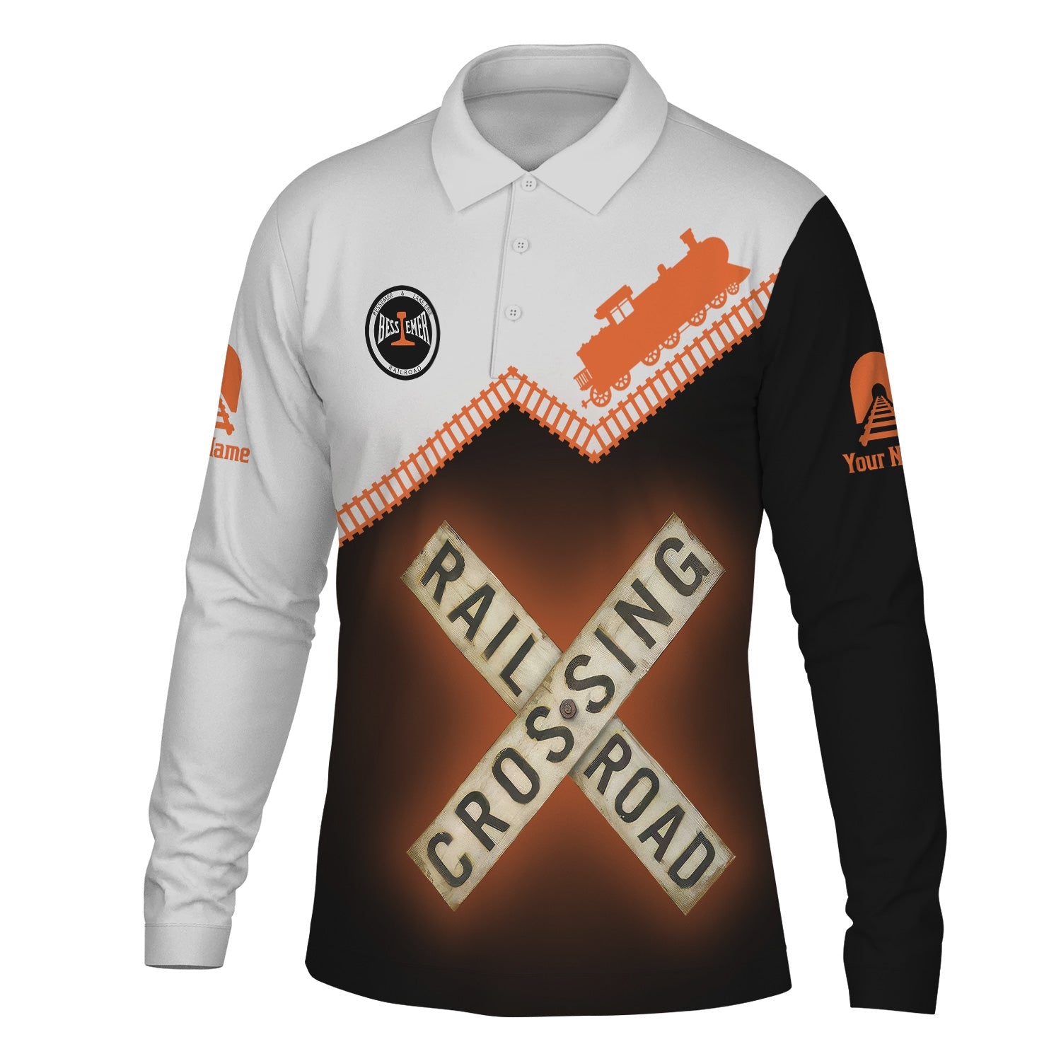Railspirit Custom Name Bessemer And Lake Erie Railroad Long Sleeve Polo Shirt Railroad Crossing Printed Train Track Shirt