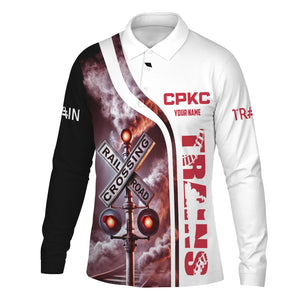 Railspirit Custom Name Canadian Pacific Kansas City Long Sleeve Polo Shirt Railroad Crossing Sign CPKC Printed Shirt