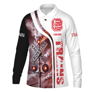 Railspirit Custom Name Kansas City Southern Long Sleeve Polo Shirt Railroad Crossing Sign Printed Shirt