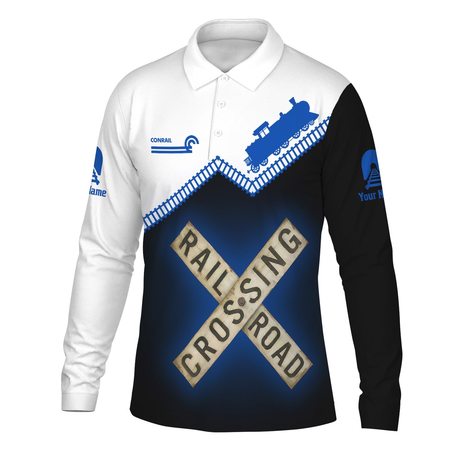 Railspirit Custom Name Conrail Railroad Long Sleeve Polo Shirt Railroad Crossing Printed Train Track Shirt