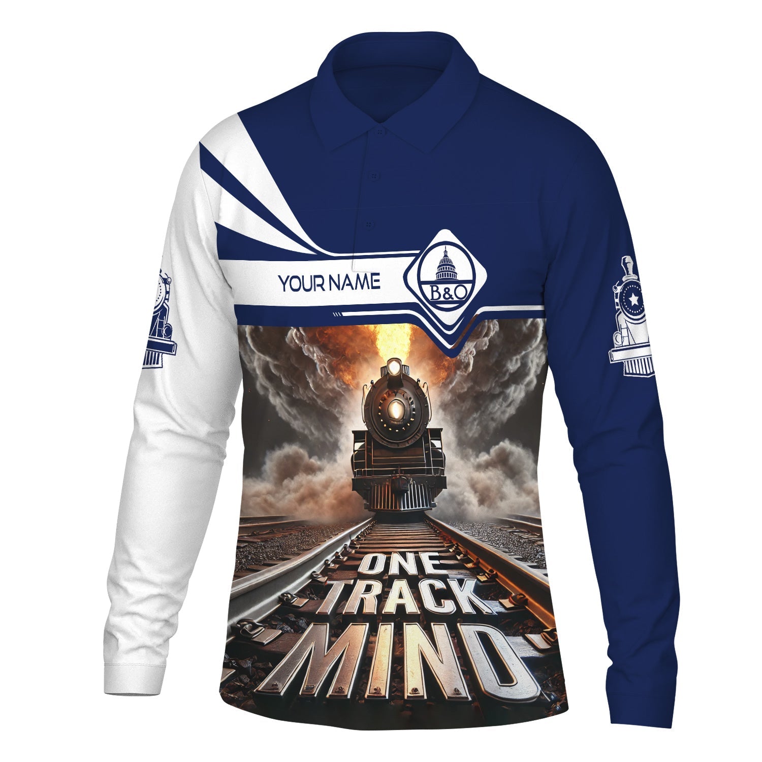 Railspirit Personalized Baltimore and Ohio Railroad Long Sleeve Polo Shirt One Track Mind B&O Train Printed Shirt