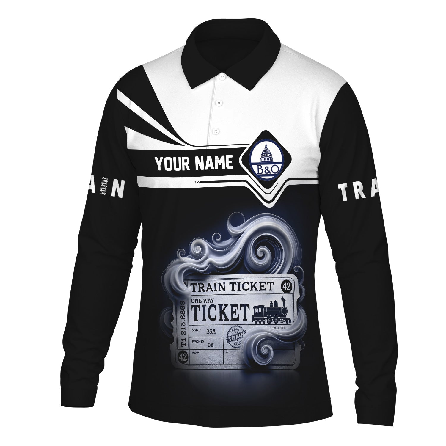 Railspirit Custom Name Baltimore and Ohio Railroad Long Sleeve Polo Shirt Train Ticket B&O Printed Shirt