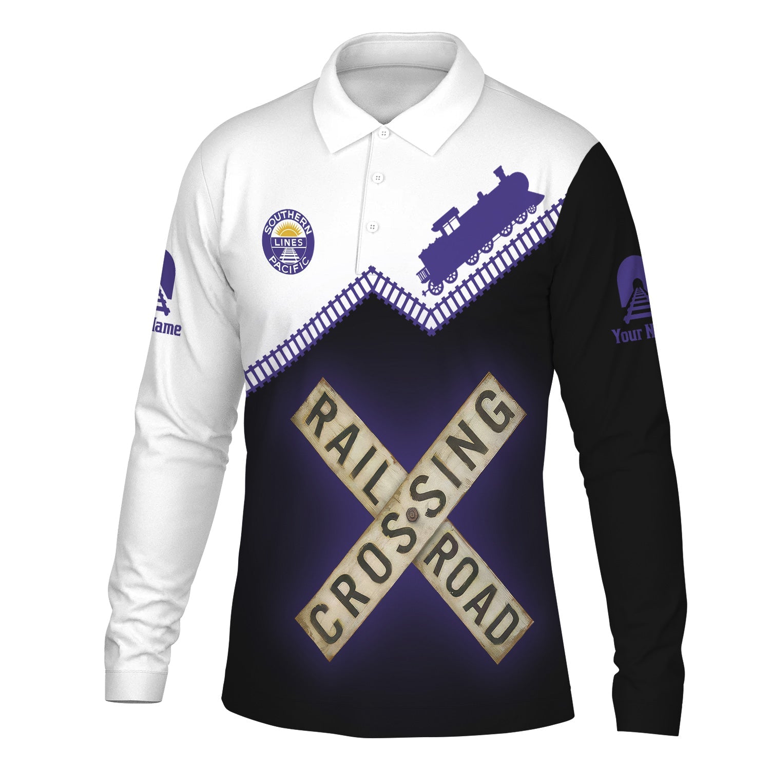 Railspirit Custom Name Southern Pacific Railroad Long Sleeve Polo Shirt Railroad Crossing Printed Train Track Shirt