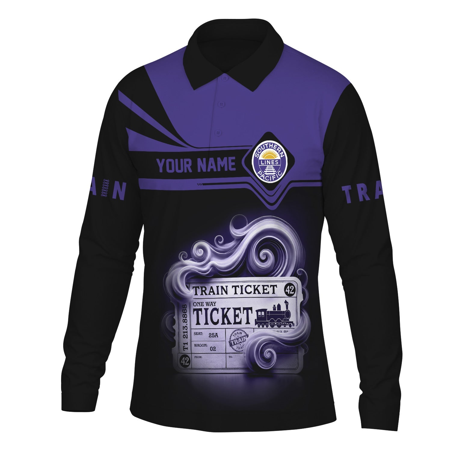 Railspirit Custom Name Southern Pacific Railroad Long Sleeve Polo Shirt Train Ticket Printed Shirt
