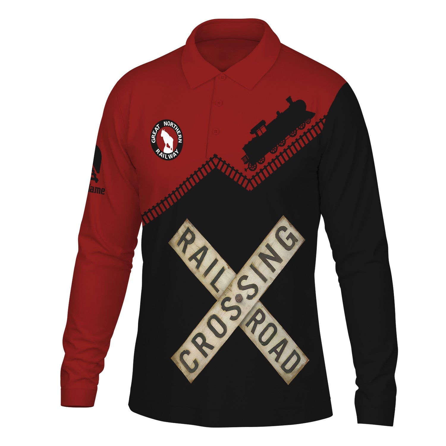 Railspirit Custom Name Great Northern Railway Long Sleeve Polo Shirt Railroad Crossing GNR Printed Train Track Shirt