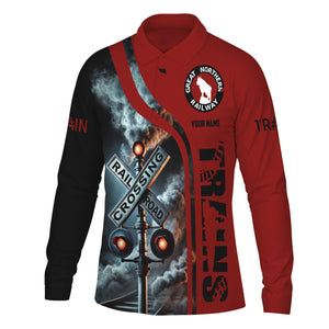 Railspirit Custom Name Great Northern Railway Long Sleeve Polo Shirt Railroad Crossing Sign GNR Printed Shirt