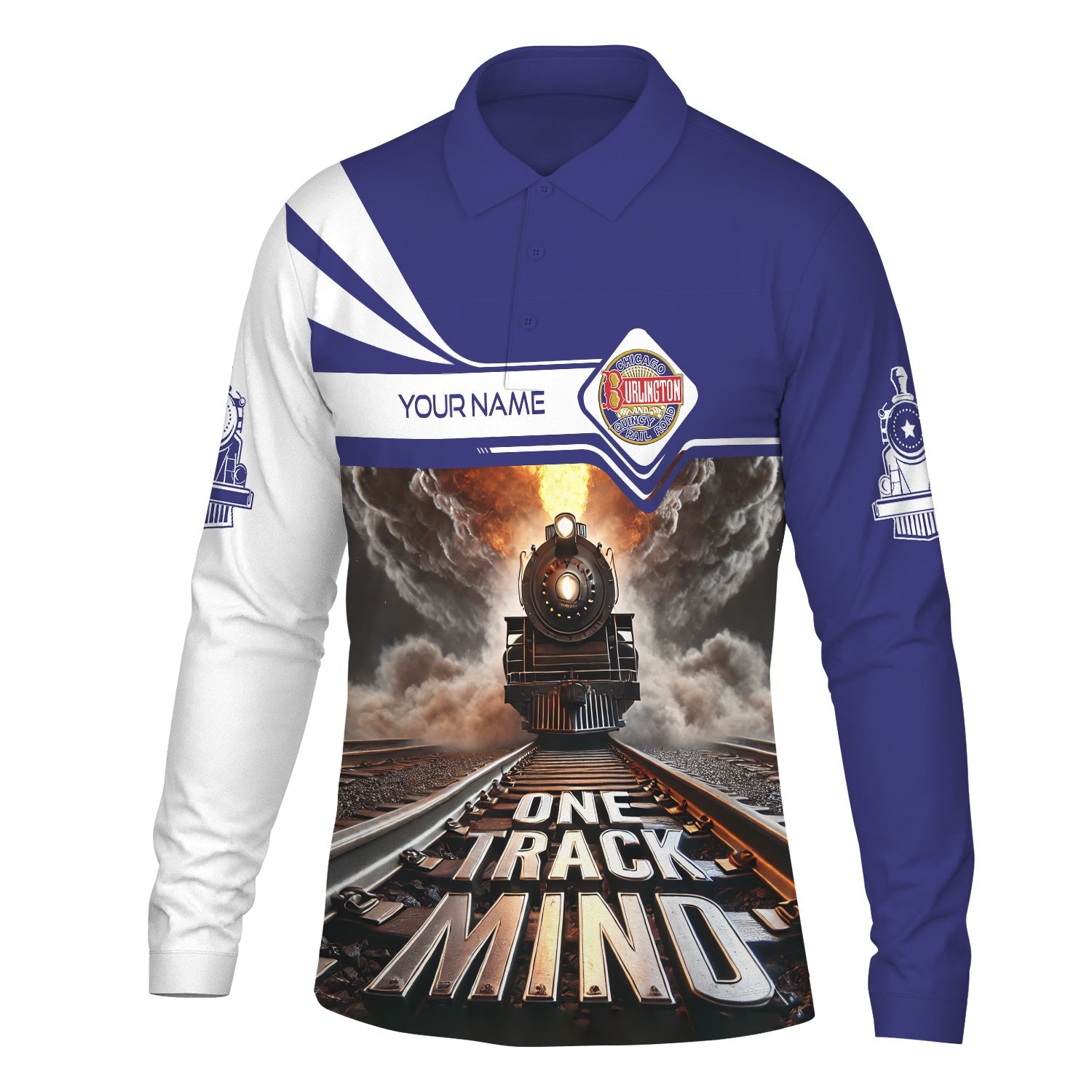 Railspirit Personalized Chicago, Burlington and Quincy Railroad Long Sleeve Polo Shirt One Track Mind Train Printed Shirt