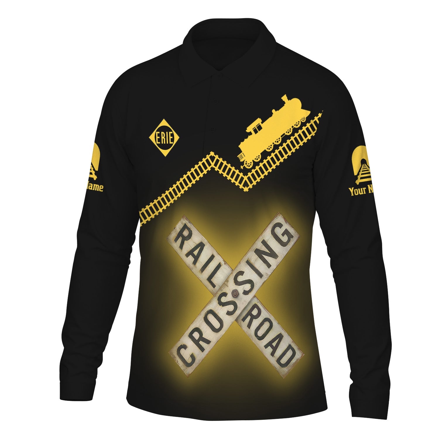 Railspirit Custom Name Erie Railroad Long Sleeve Polo Shirt Railroad Crossing Printed Train Track Shirt