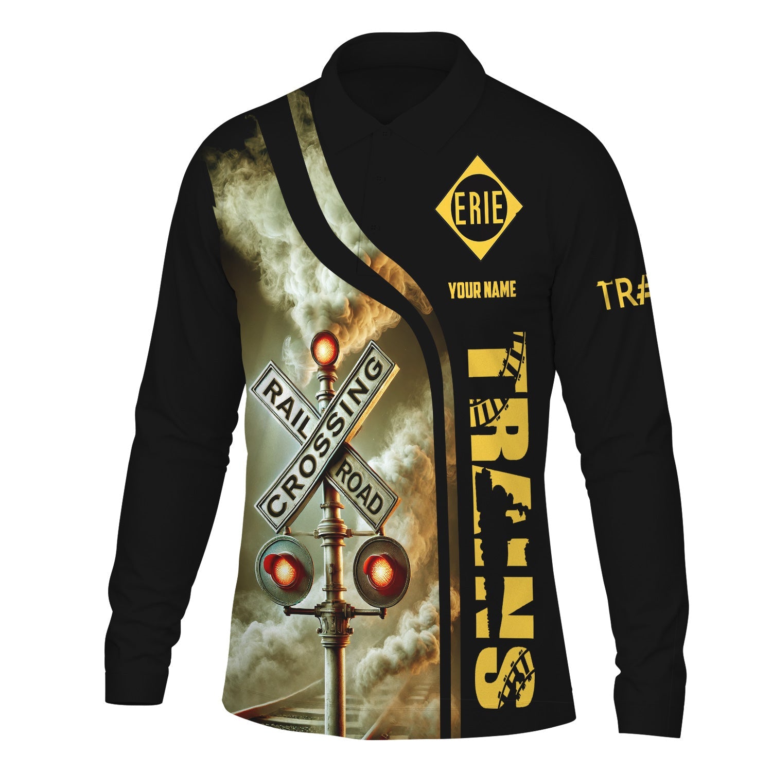 Railspirit Custom Name Erie Railroad Long Sleeve Polo Shirt Railroad Crossing Sign Printed Shirt