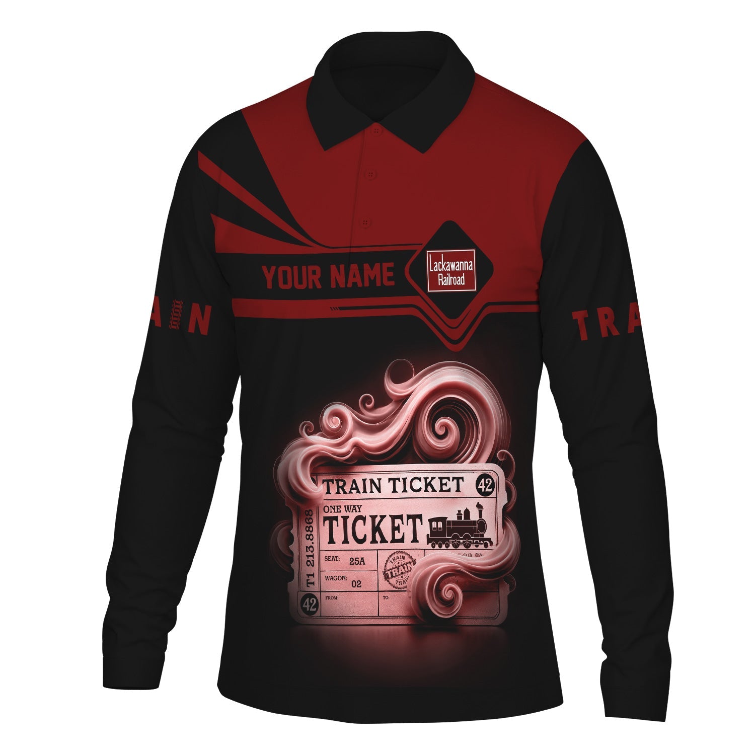 Railspirit Custom Name Delaware, Lackawanna and Western Railroad Long Sleeve Polo Shirt Train Ticket DL&W Printed Shirt