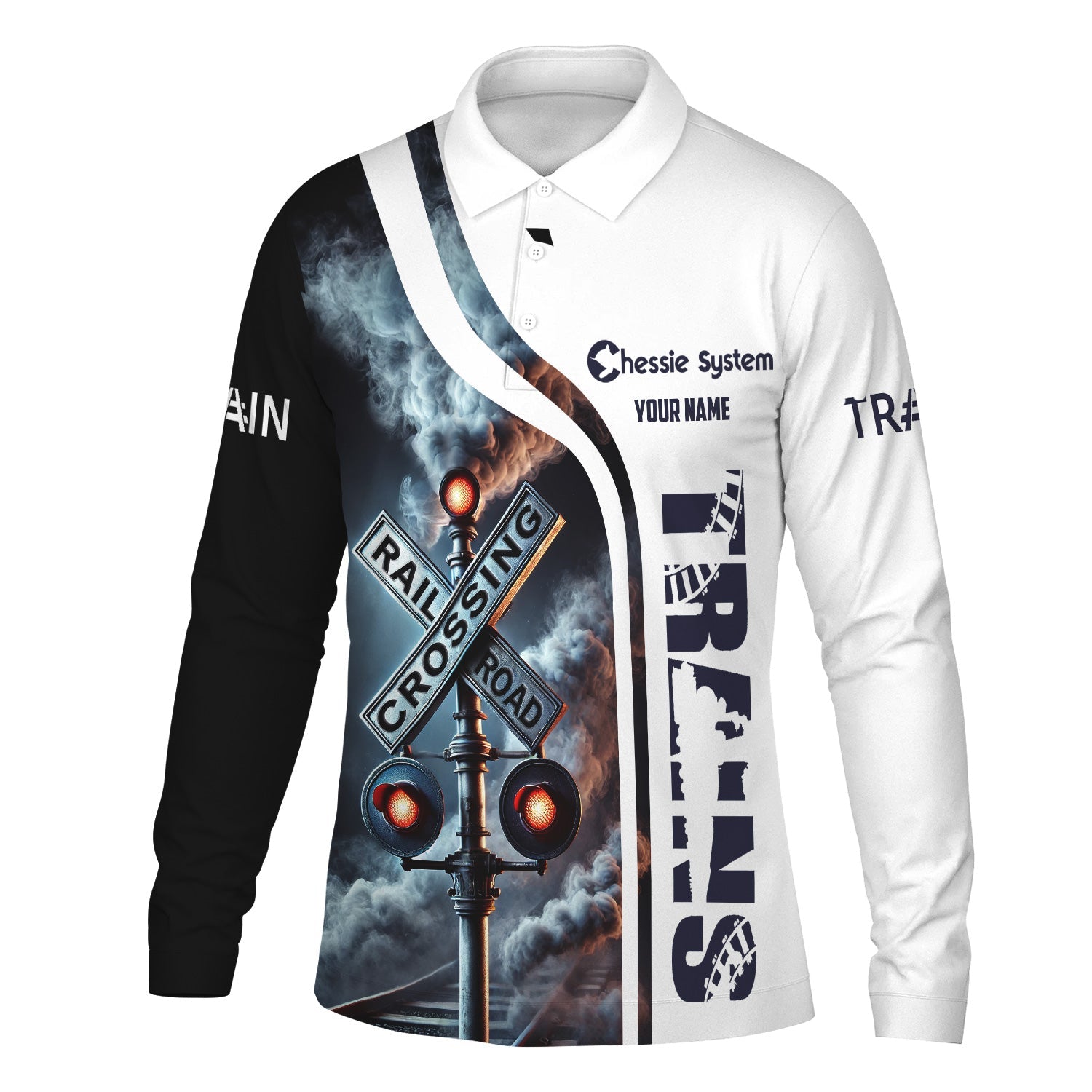 Railspirit Custom Name Chessie System Railroad Long Sleeve Polo Shirt Railroad Crossing Sign Printed Shirt
