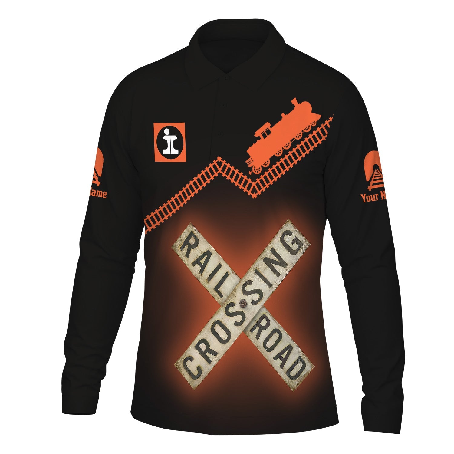 Railspirit Custom Name Illinois Central Railroad Long Sleeve Polo Shirt Railroad Crossing Printed Train Track Shirt