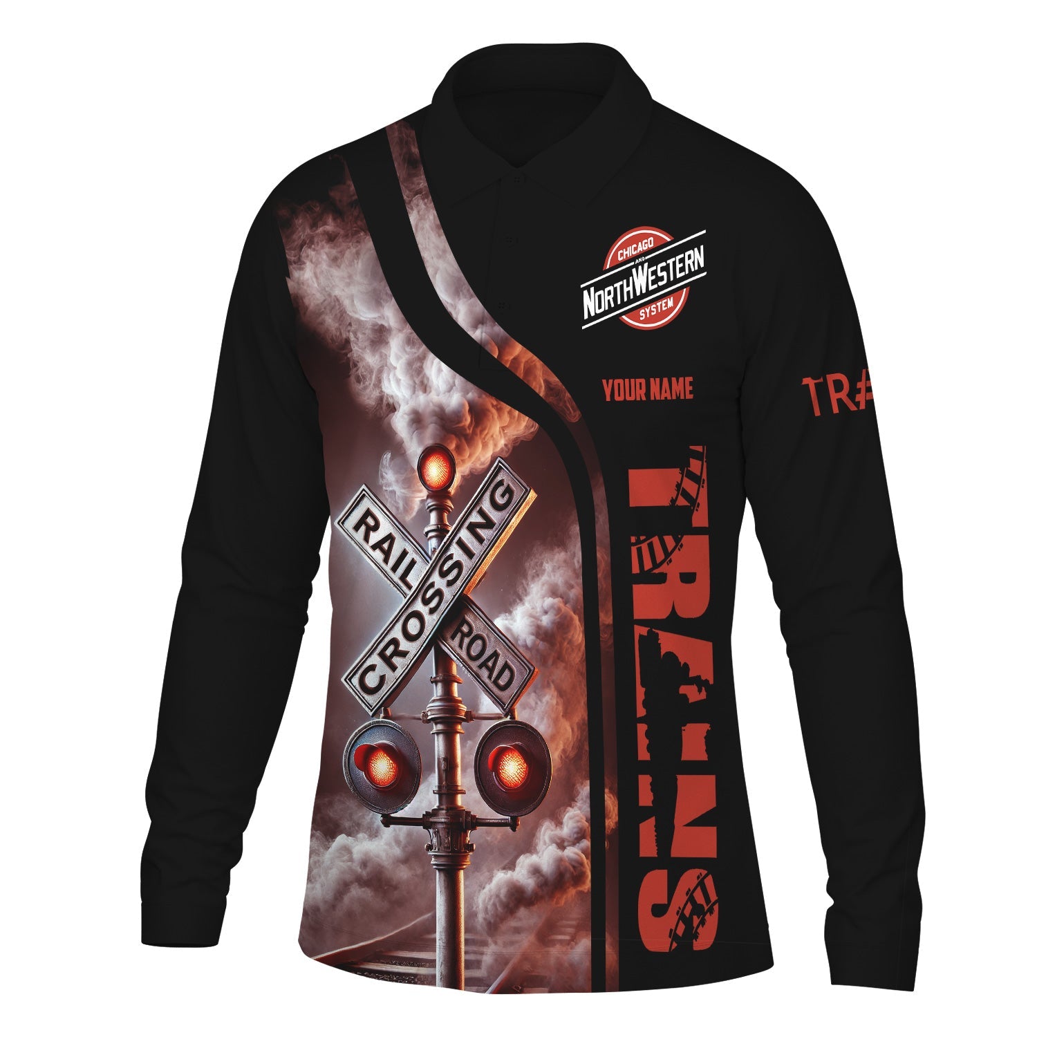 Railspirit Custom Name Chicago and North Western Railway Long Sleeve Polo Shirt Railroad Crossing Sign Printed Shirt