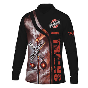 Railspirit Custom Name Chicago and North Western Railway Long Sleeve Polo Shirt Railroad Crossing Sign Printed Shirt