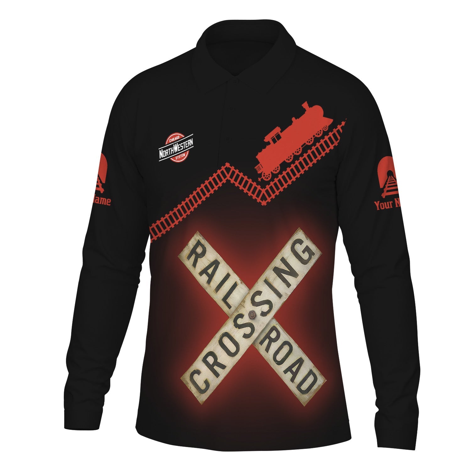 Railspirit Custom Name Chicago and North Western Railway Long Sleeve Polo Shirt Railroad Crossing Printed Train Track Shirt