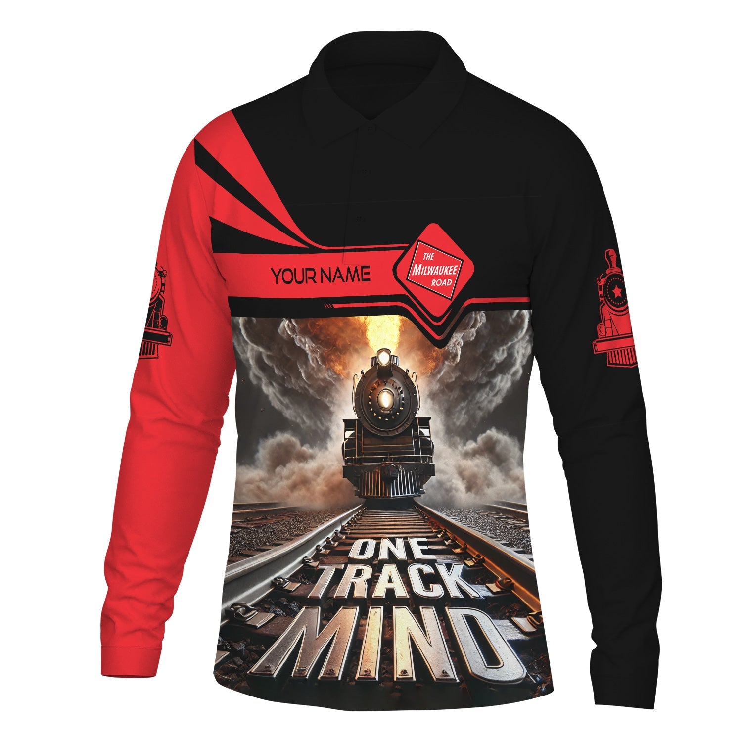 Railspirit Personalized Chicago, Milwaukee, St. Paul and Pacific Railroad Long Sleeve Polo Shirt One Track Mind Milwaukee Road Train Printed Shirt