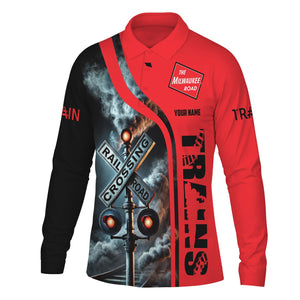 Railspirit Custom Name Chicago, Milwaukee, St. Paul and Pacific Railroad Long Sleeve Polo Shirt Railroad Crossing Sign Milwaukee Road Printed Shirt