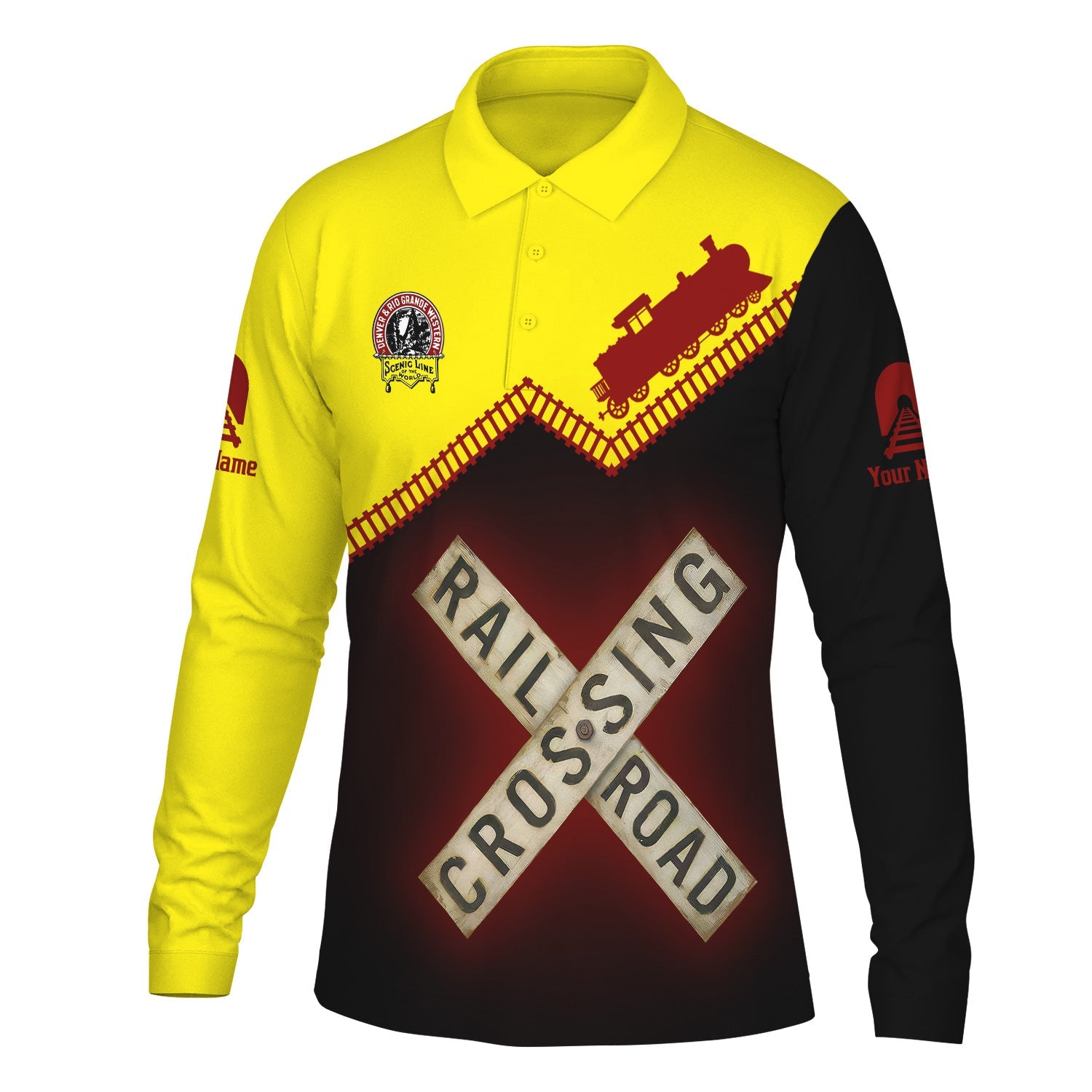 Railspirit Custom Name Denver and Rio Grande Western Railroad Long Sleeve Polo Shirt Railroad Crossing Printed Train Track Shirt