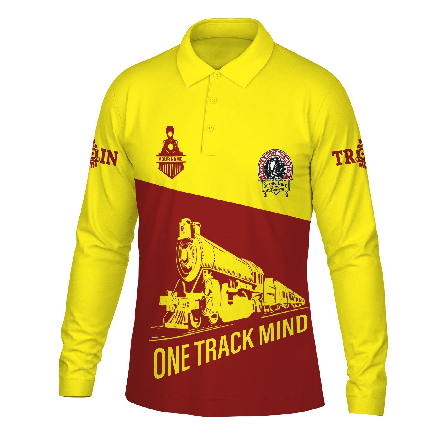 Railspirit Custom Name Denver and Rio Grande Western Railroad Long Sleeve Polo Shirt One Track Mind Printed Shirt