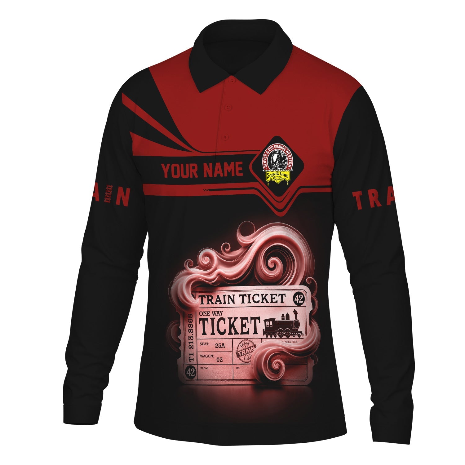 Railspirit Custom Name Denver and Rio Grande Western Railroad Long Sleeve Polo Shirt Train Ticket Printed Shirt