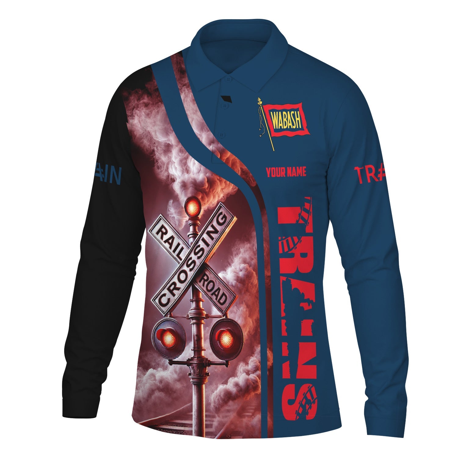 Railspirit Custom Name Wabash Railroad Long Sleeve Polo Shirt Railroad Crossing Sign Printed Shirt