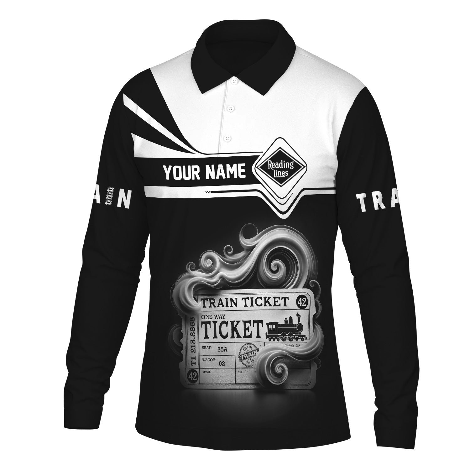 Railspirit Custom Name Reading Railroad Long Sleeve Polo Shirt Train Ticket Printed Shirt