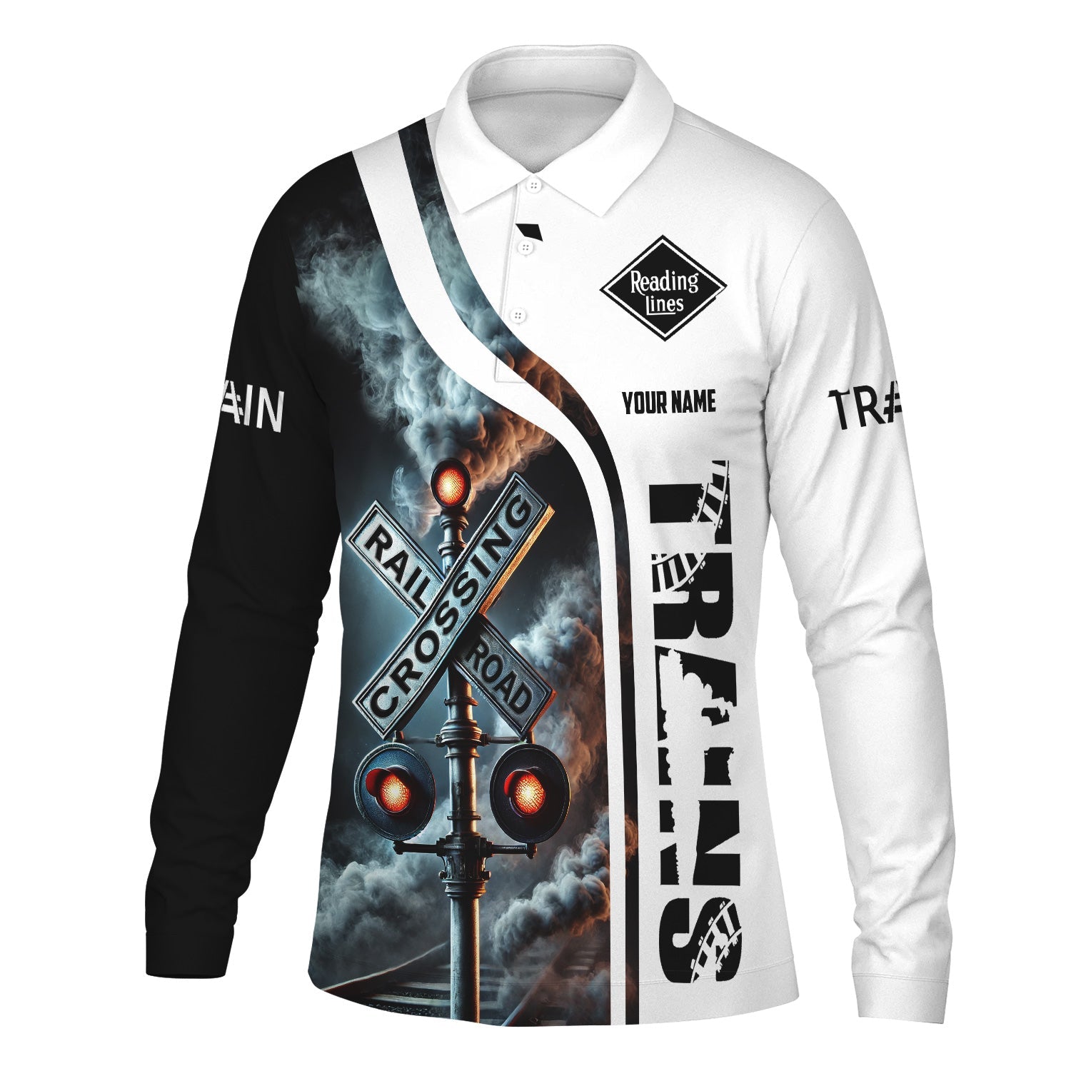 Railspirit Custom Name Reading Railroad Long Sleeve Polo Shirt Railroad Crossing Sign Printed Shirt