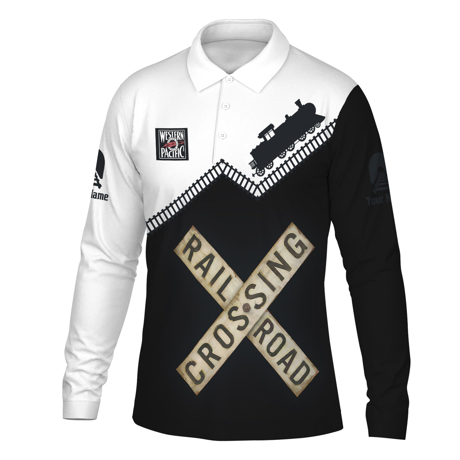 Railspirit Custom Name Western Pacific Railroad Long Sleeve Polo Shirt Railroad Crossing Printed Train Track Shirt