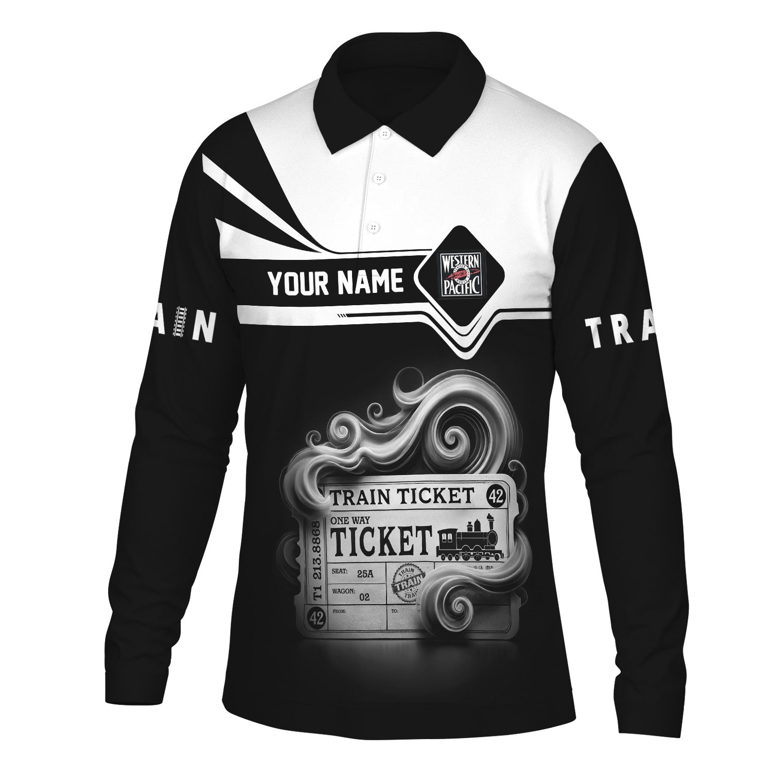 Railspirit Custom Name Western Pacific Railroad Long Sleeve Polo Shirt Train Ticket Printed Shirt
