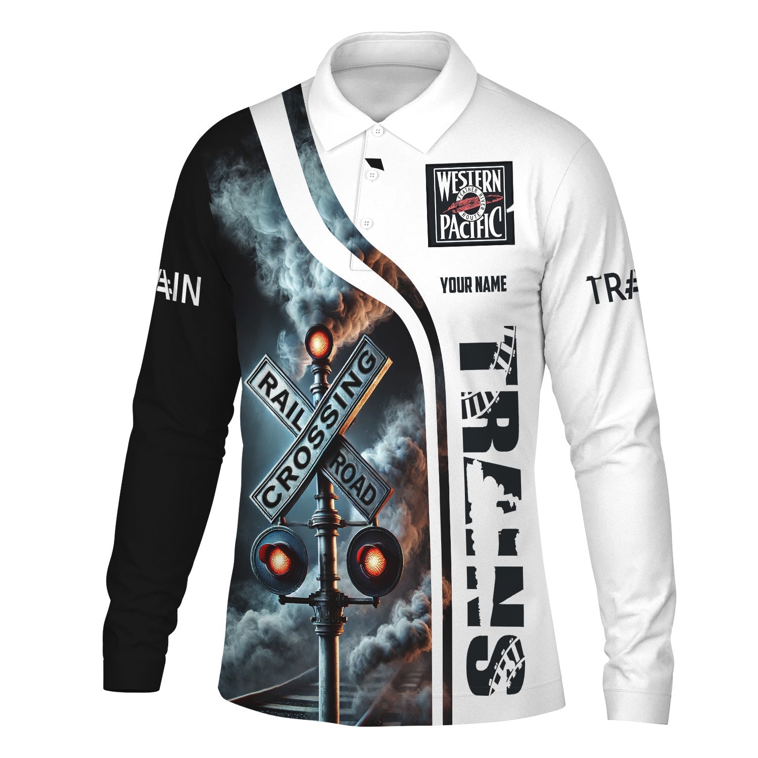Railspirit Custom Name Western Pacific Railroad Long Sleeve Polo Shirt Railroad Crossing Sign Printed Shirt
