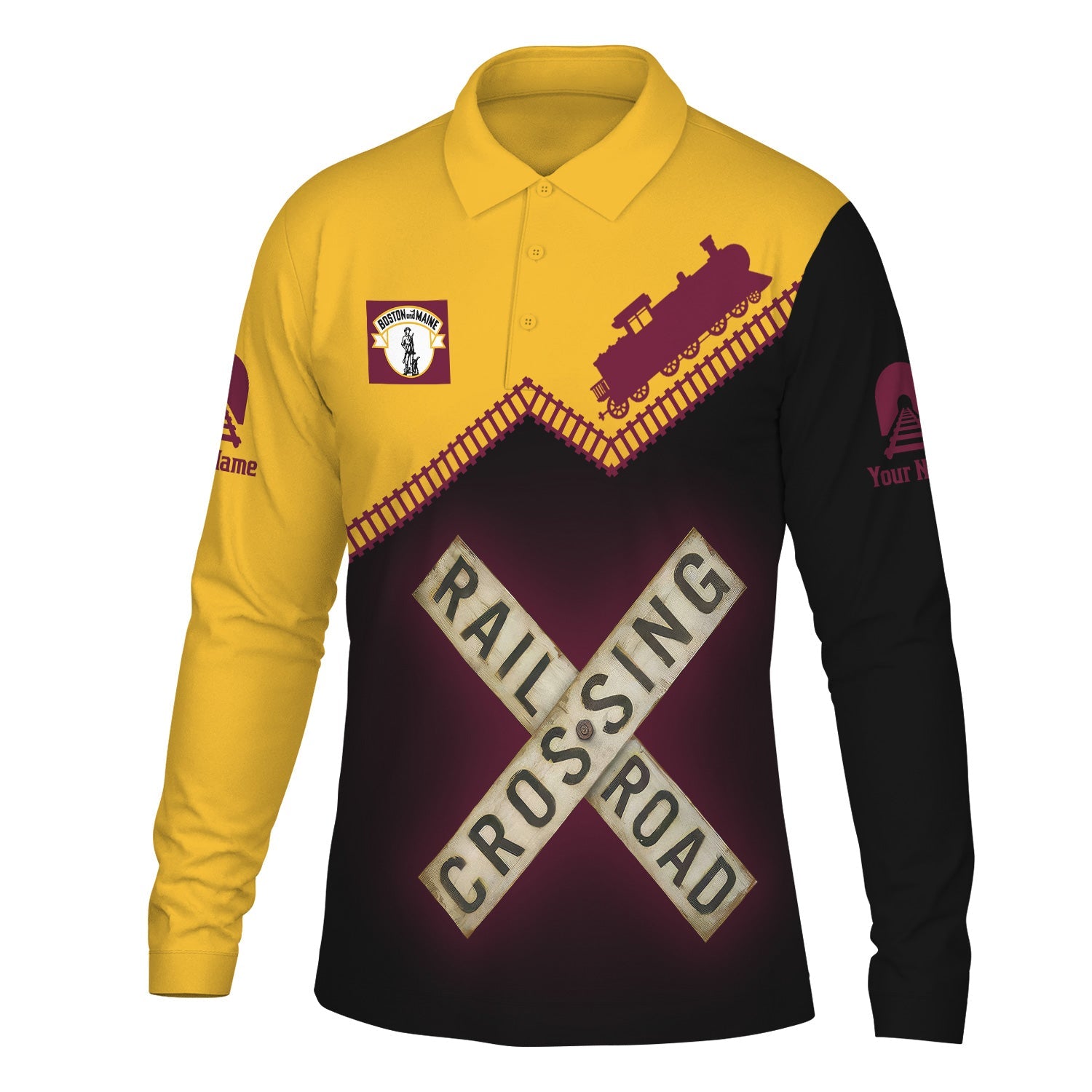 Railspirit Custom Name Boston and Maine Railroad Long Sleeve Polo Shirt Railroad Crossing Printed Train Track Shirt