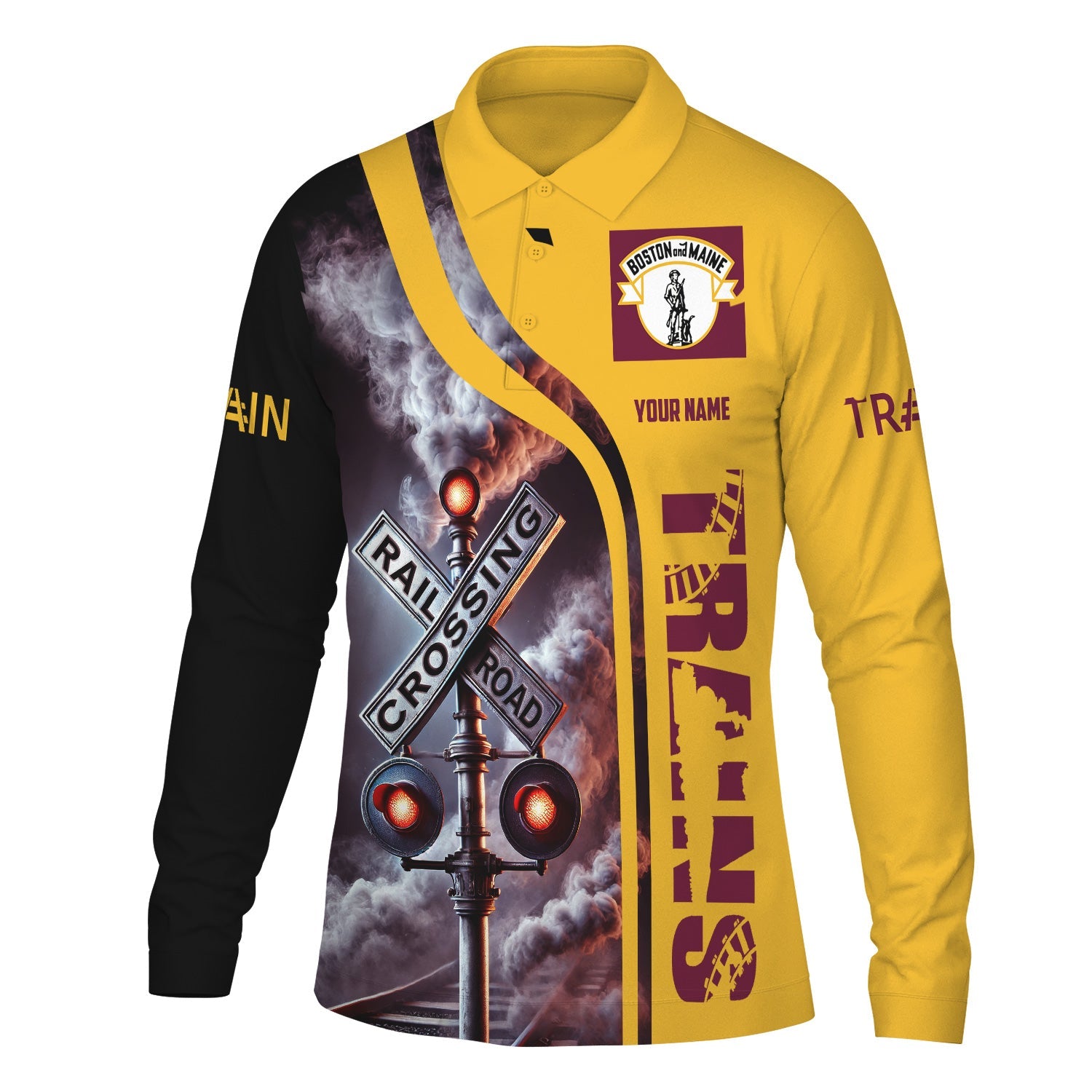 Railspirit Custom Name Boston and Maine Railroad Long Sleeve Polo Shirt Railroad Crossing Sign Printed Shirt