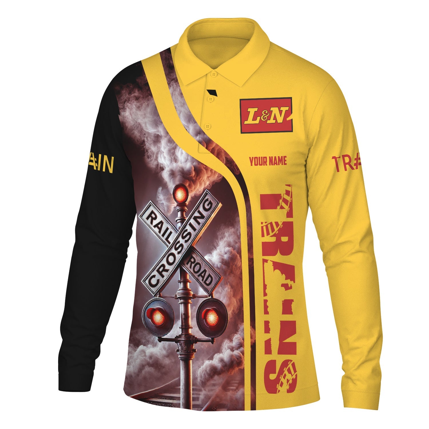Railspirit Custom Name Louisville and Nashville Railroad Long Sleeve Polo Shirt Railroad Crossing Sign L&N Printed Shirt