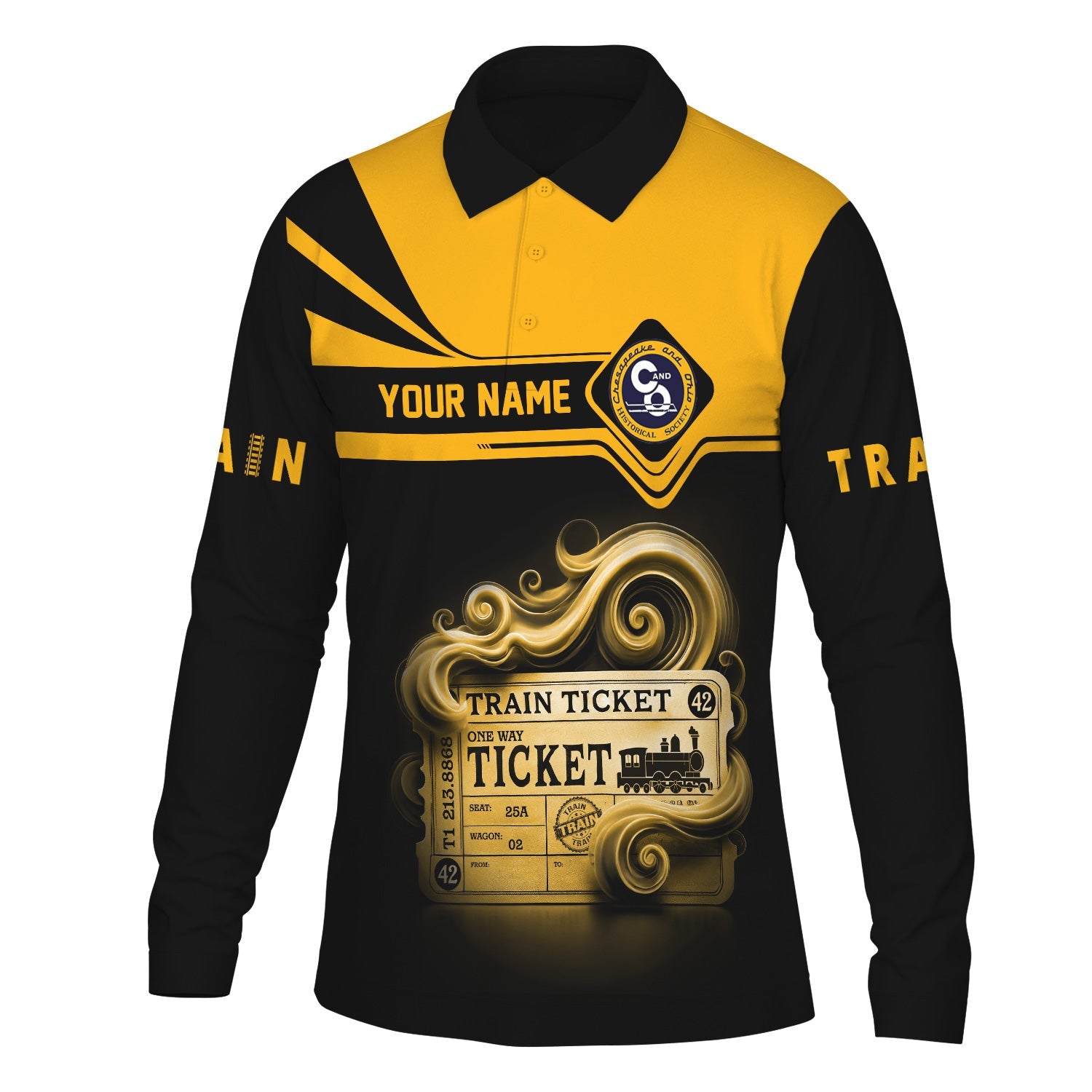 Railspirit Custom Name Chesapeake and Ohio Railway Long Sleeve Polo Shirt Train Ticket C&O Printed Shirt