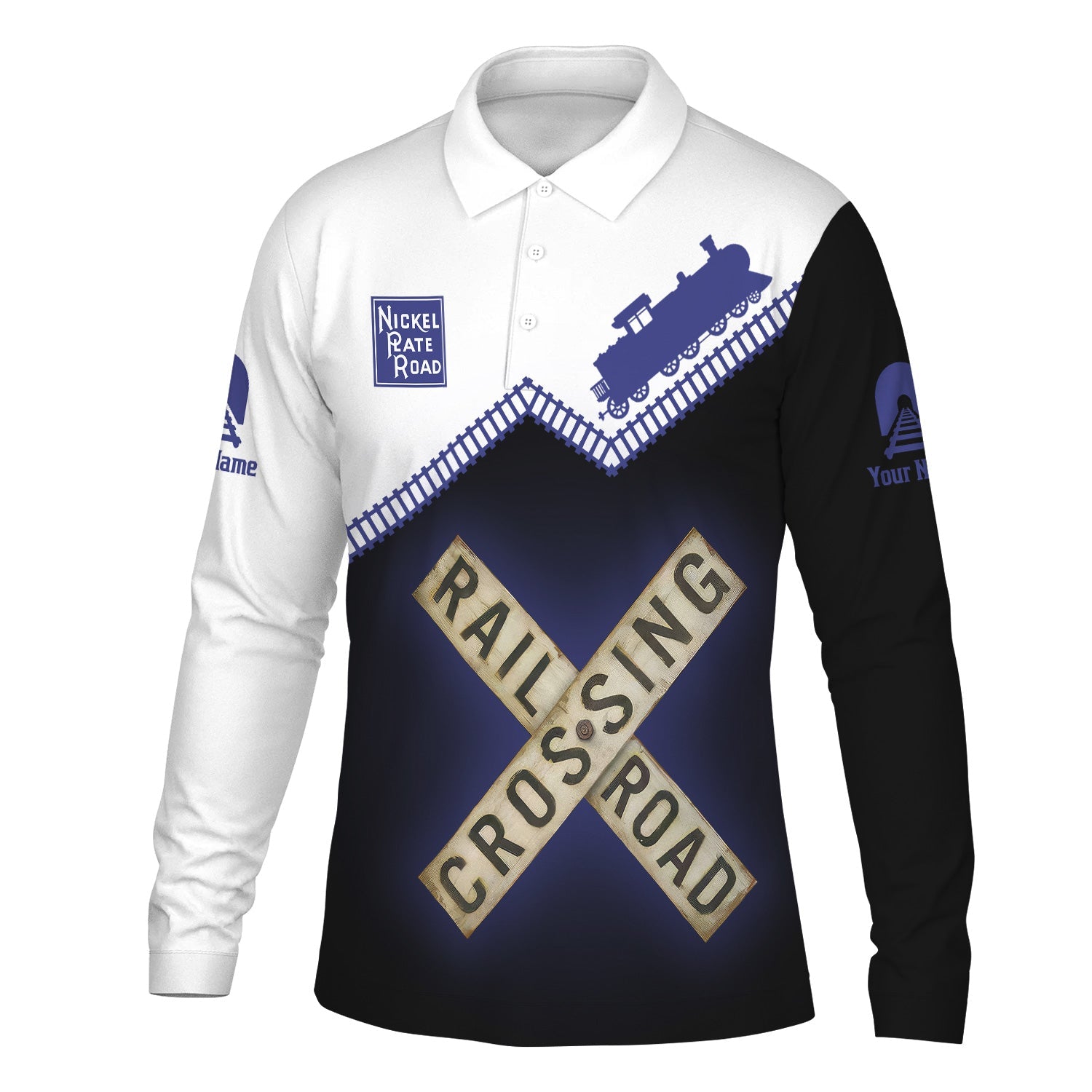 Railspirit Custom Name New York, Chicago and St. Louis Railroad Long Sleeve Polo Shirt Railroad Crossing Nickel Plate Road Printed Train Track Shirt