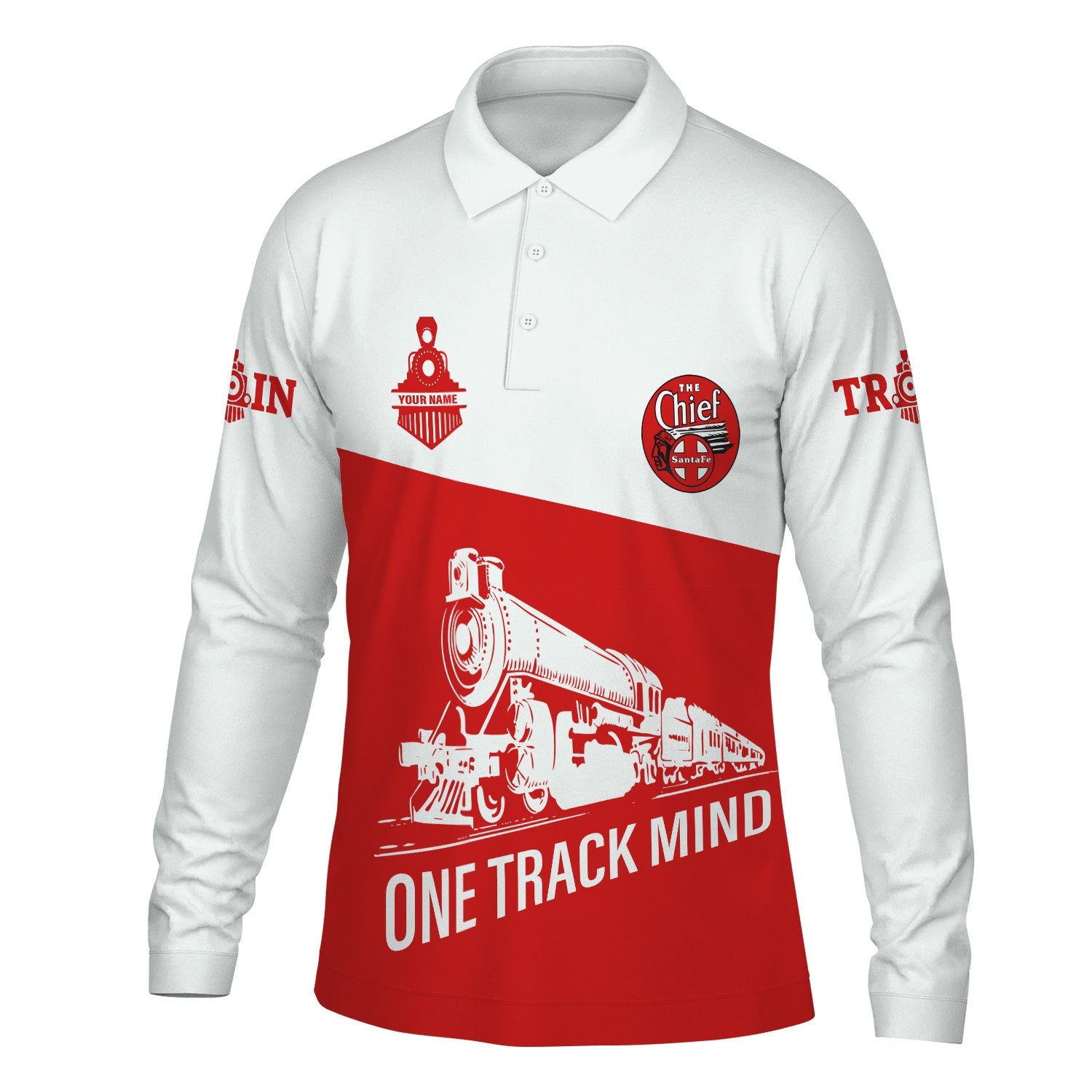 Railspirit Custom Name The Chief Santa Fe Railroad Long Sleeve Polo Shirt One Track Mind Printed Shirt