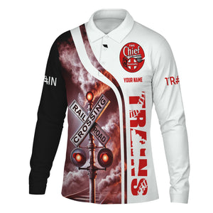 Railspirit Custom Name The Chief Santa Fe Railroad Long Sleeve Polo Shirt Railroad Crossing Sign Printed Shirt